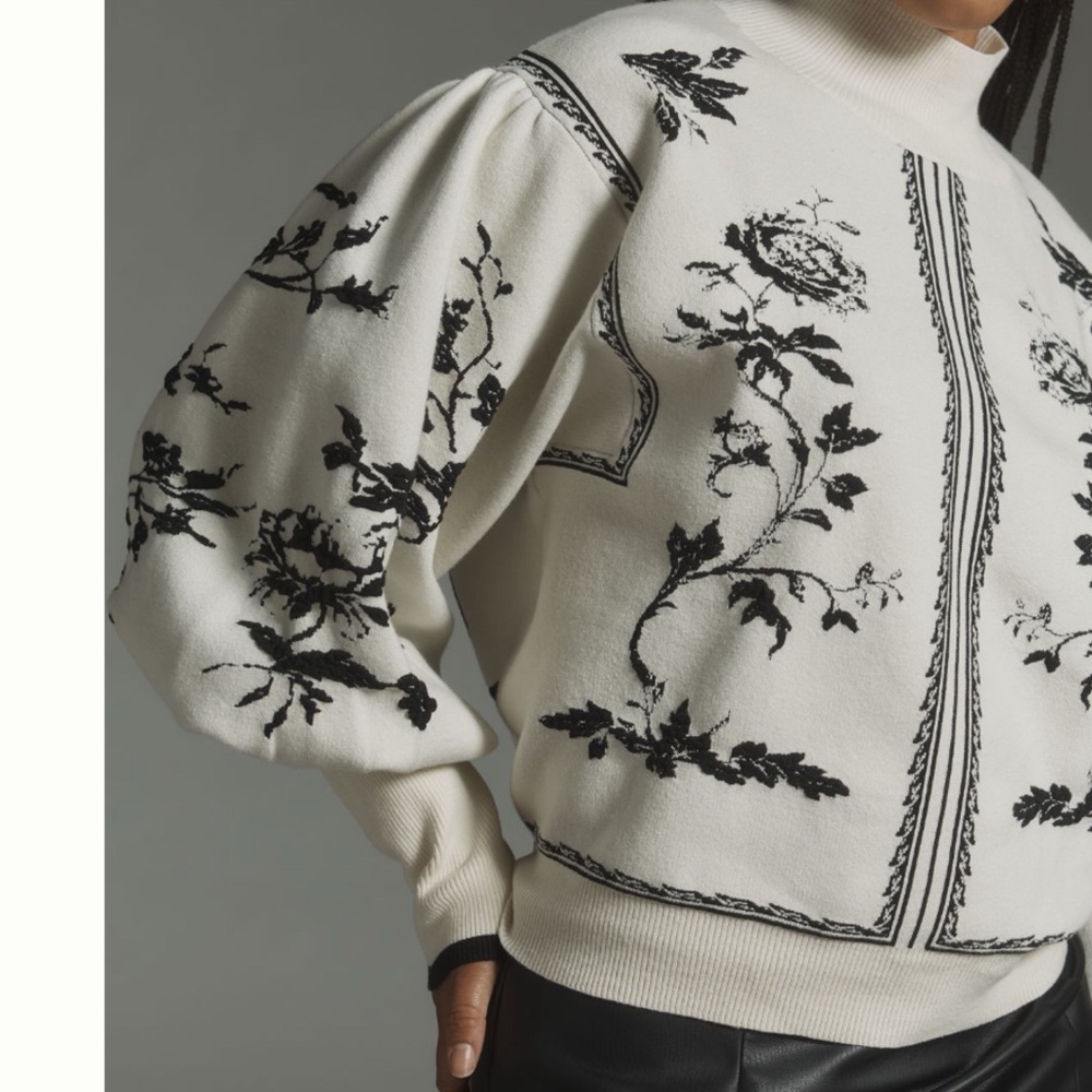 NWT Anthropologie Balloon-Sleeve Embroidered 3D Flowers Turtleneck Sweater - Picture 9 of 17